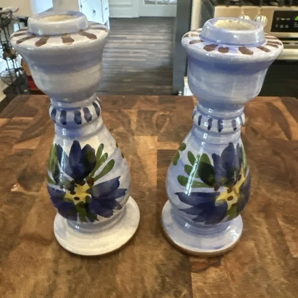 Los Bohios Mid Century Pottery Candlestick Set Of 2 Puerto Rico Floral Blue Clay